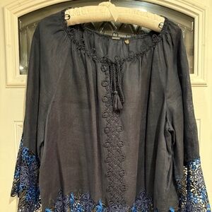 Elie Tahari linen blouse with embroidered hems and tie neck, XL